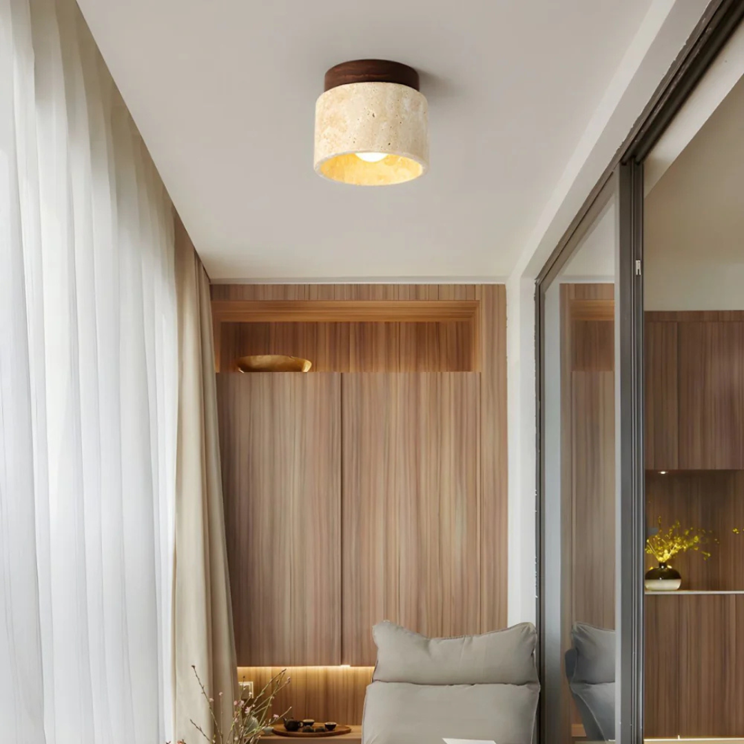 Elara Travertine Cylinder Ceiling Light With Wood Accent