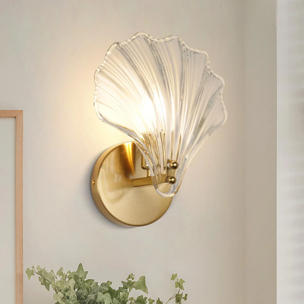 Lyraea Glass Shell Wall Lamp With Brass Finish For Bedroom