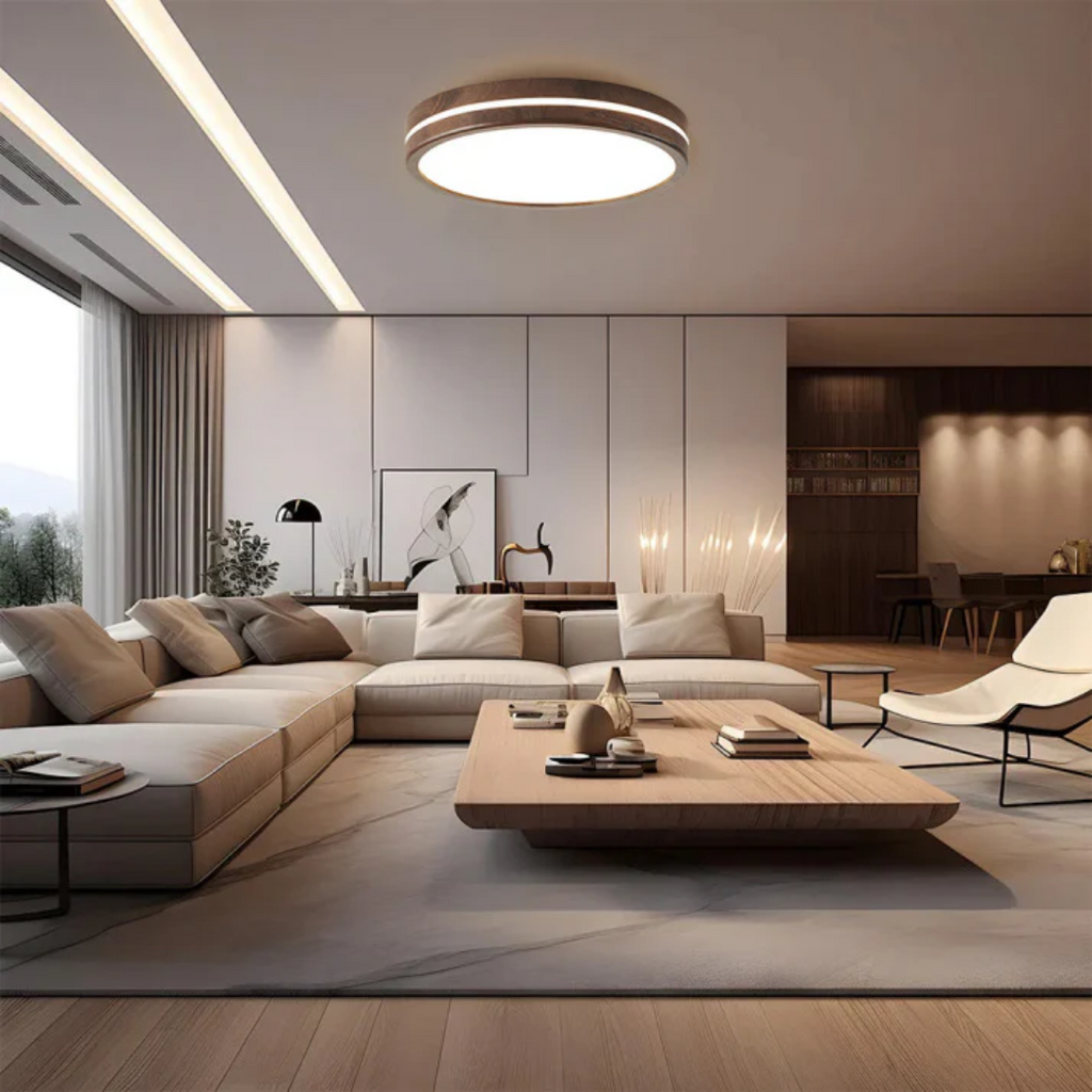 Lorien Wood LED Ceiling Light With Warm Living Room Glow
