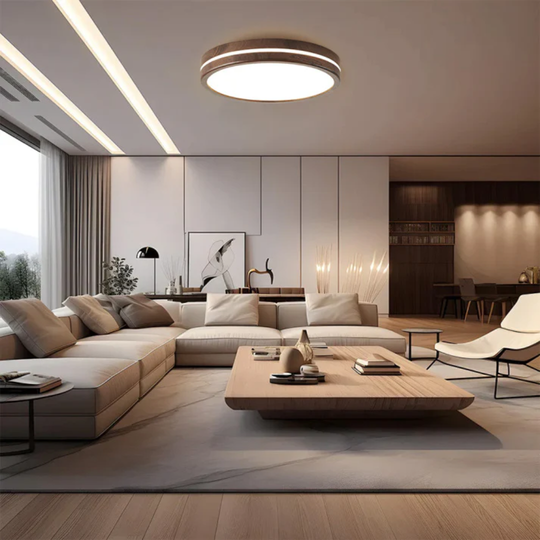 Lorien Wood LED Ceiling Light With Warm Living Room Glow