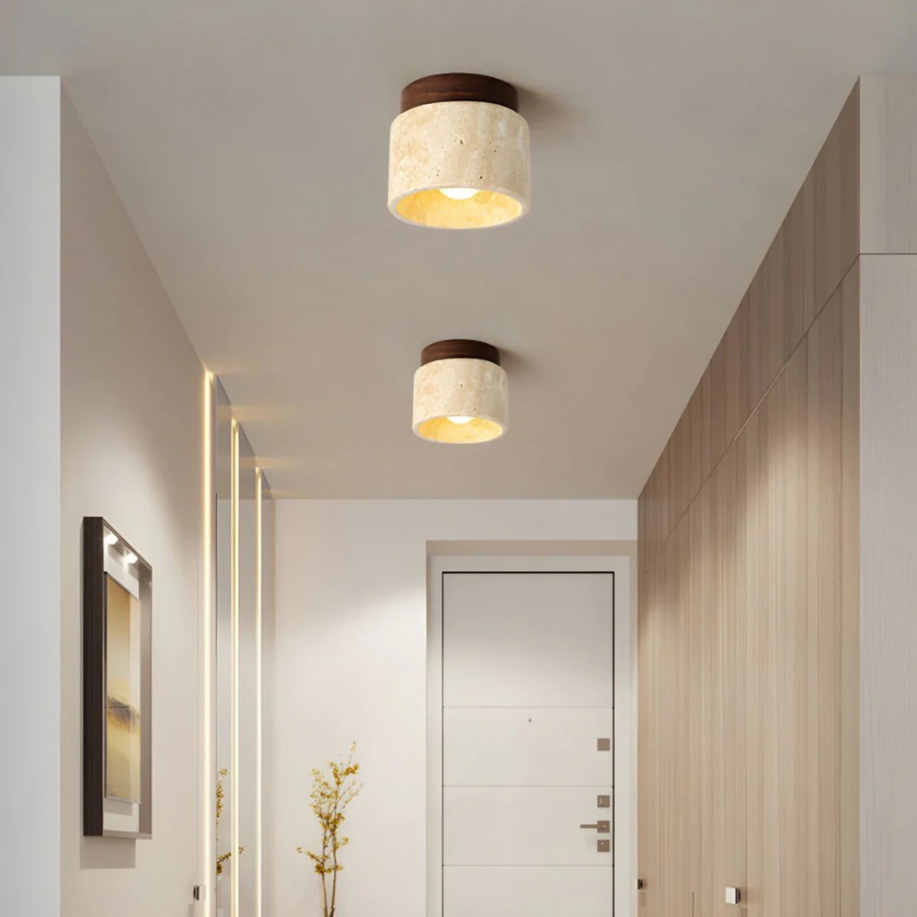 Elara Travertine Cylinder Ceiling Light With Wood Accent