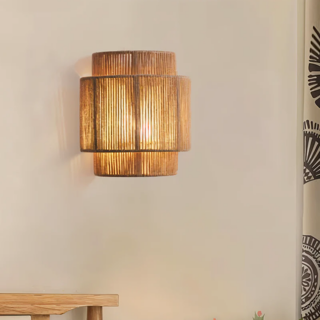 Liora Boho Rattan Indoor Wall Light With Hemp Rope Shade