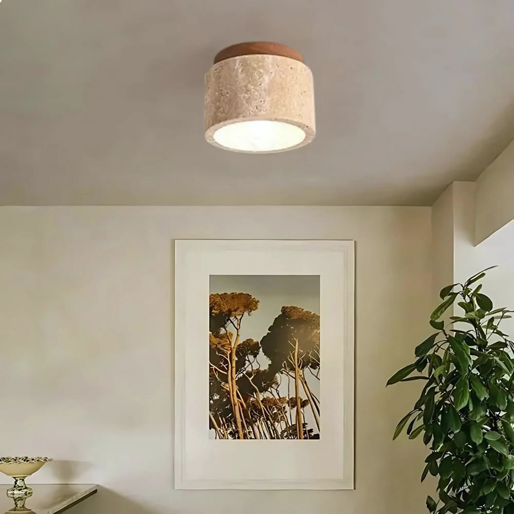 Elara Travertine Cylinder Ceiling Light With Wood Accent