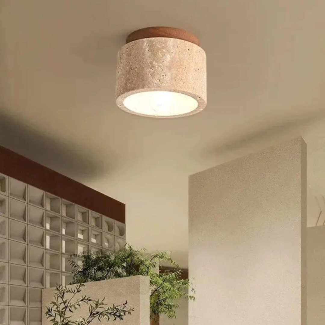 Elara Travertine Cylinder Ceiling Light With Wood Accent