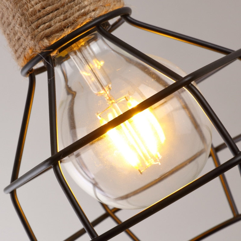 Astrae Rustic Rope Farmhouse Pendant Light With Iron Cage