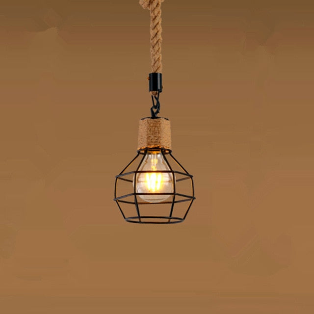 Astrae Rustic Rope Farmhouse Pendant Light With Iron Cage